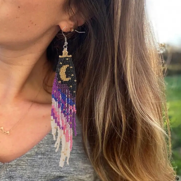 Elegant Hand Beaded Moon Earrings - Picture 4 of 5